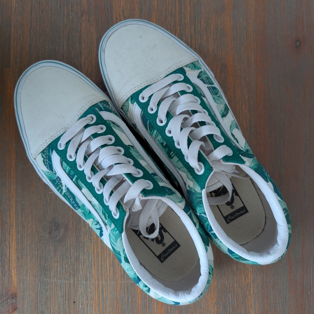 Vans Green Leaf Pattern Sneakers with White Accents